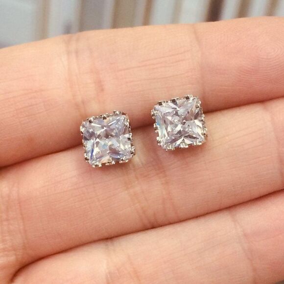 Square Crown Stud Earrings | Silver Tone | NEW - Picture 3 of 8